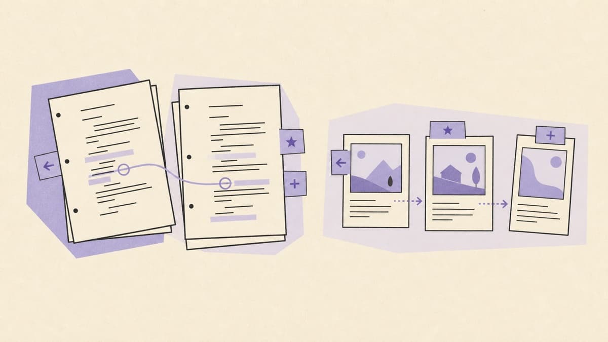 Paper collage comparing screenplay drafts and connected scene changes