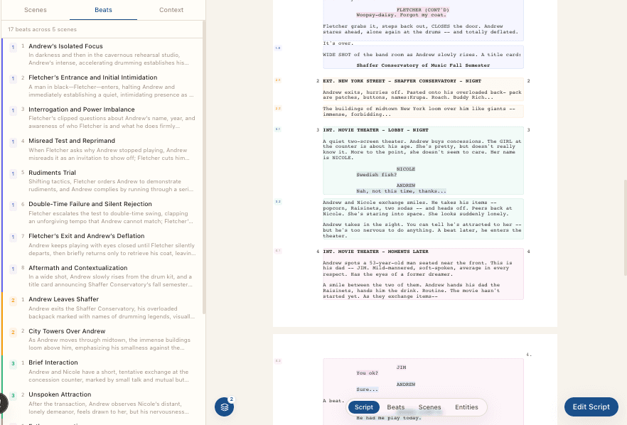 Screenplay pages in Prescene with character and story-beat analysis visible beside the script